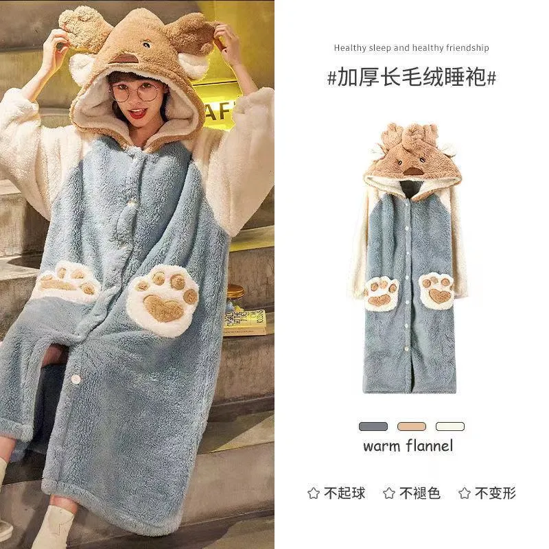Strawberry Hooded Bathrobe Pajamas Fleece Nightwear Winter Women Warm Thick Coral Velvet Home Wear Nightgown Sleep Wear