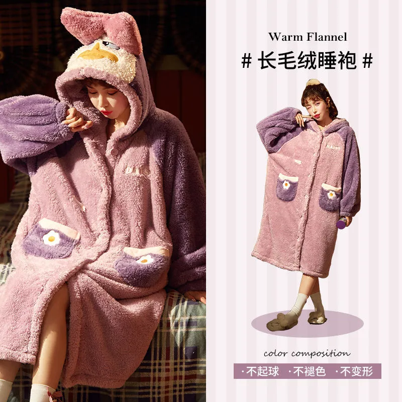 Strawberry Hooded Bathrobe Pajamas Fleece Nightwear Winter Women Warm Thick Coral Velvet Home Wear Nightgown Sleep Wear
