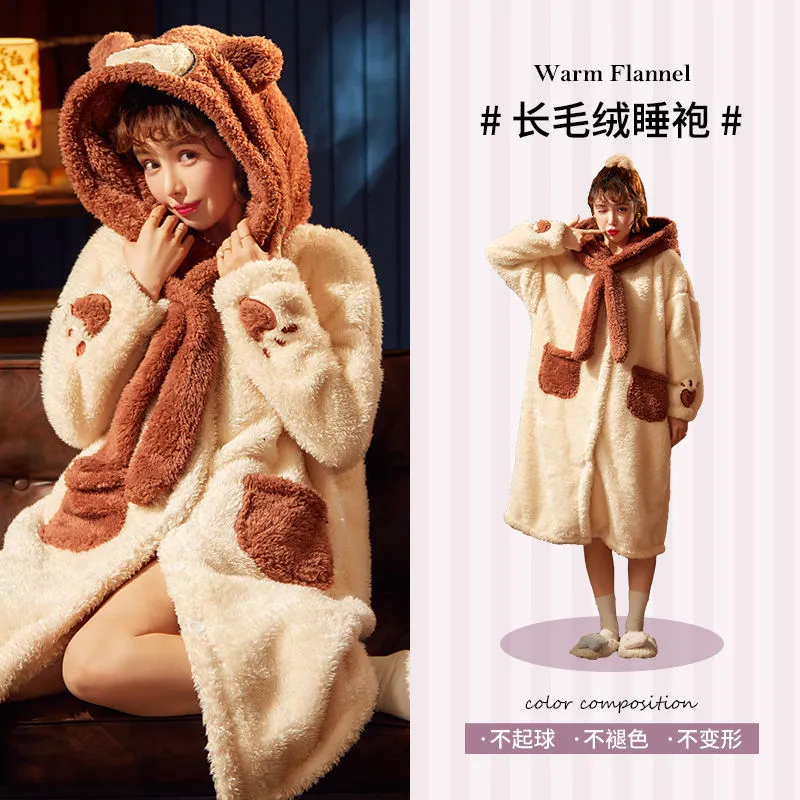 Strawberry Hooded Bathrobe Pajamas Fleece Nightwear Winter Women Warm Thick Coral Velvet Home Wear Nightgown Sleep Wear
