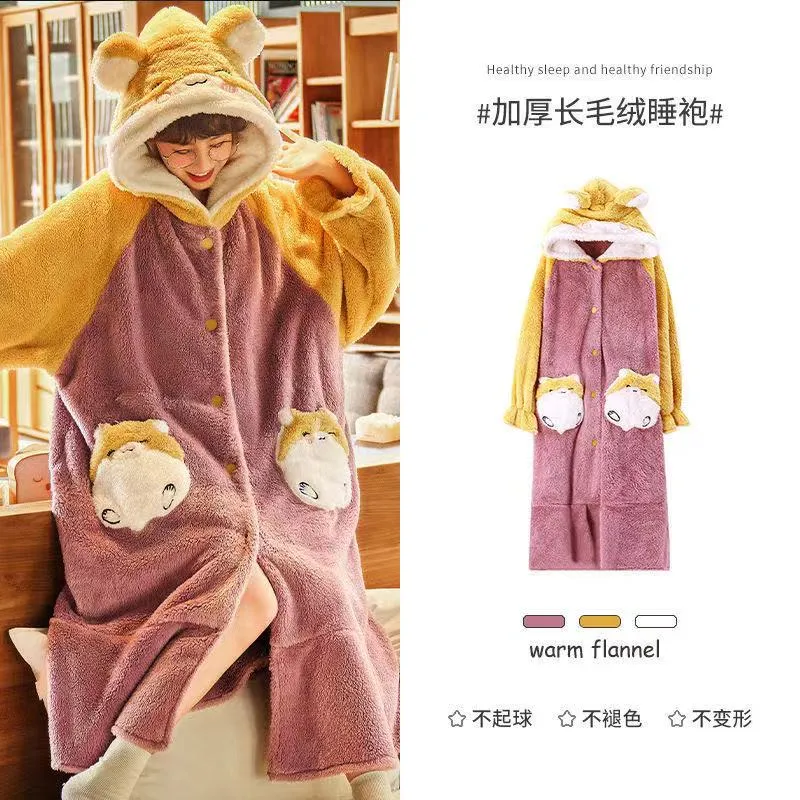 Strawberry Hooded Bathrobe Pajamas Fleece Nightwear Winter Women Warm Thick Coral Velvet Home Wear Nightgown Sleep Wear