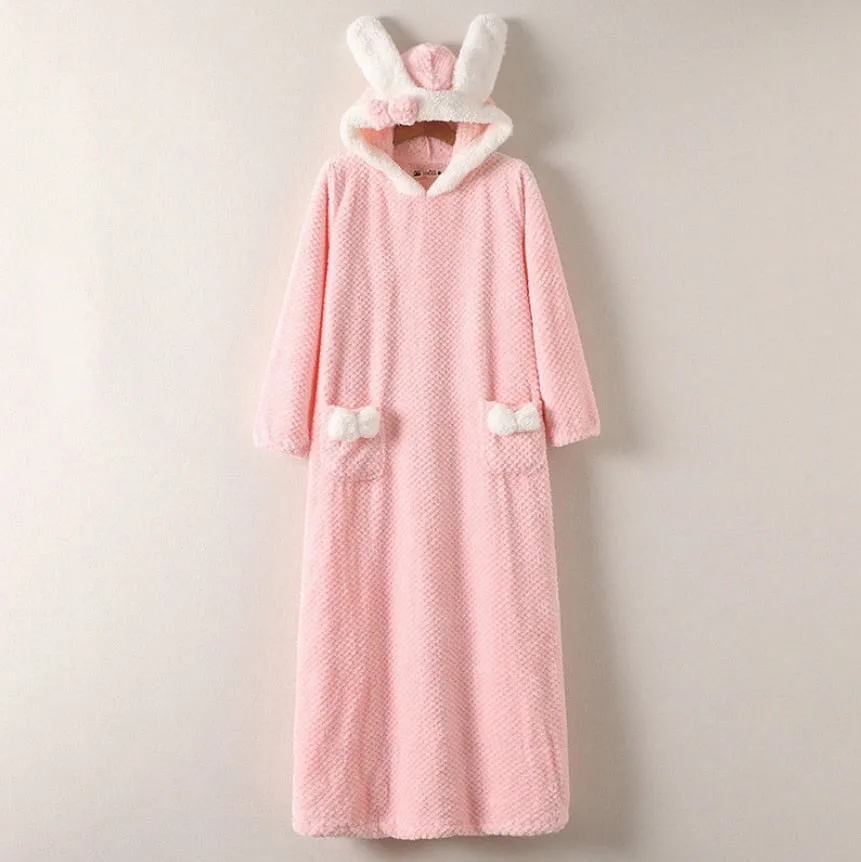 Strawberry Hooded Bathrobe Pajamas Fleece Nightwear Winter Women Warm Thick Coral Velvet Home Wear Nightgown Sleep Wear
