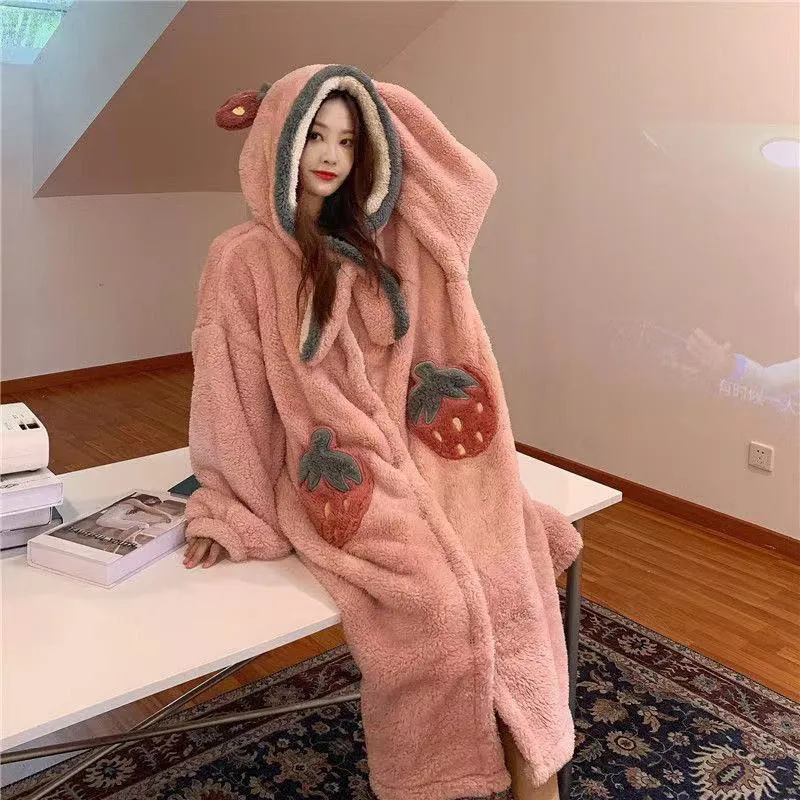 Strawberry Hooded Bathrobe Pajamas Fleece Nightwear Winter Women Warm Thick Coral Velvet Home Wear Nightgown Sleep Wear