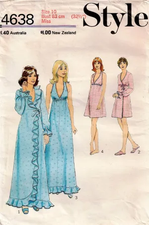 Style 4638 Womens  Halter Nightgown & Wrap Housecoat with Optional Ruffles 1970s Vintage Sewing Pattern Size 10 Bust 32.5 Inches