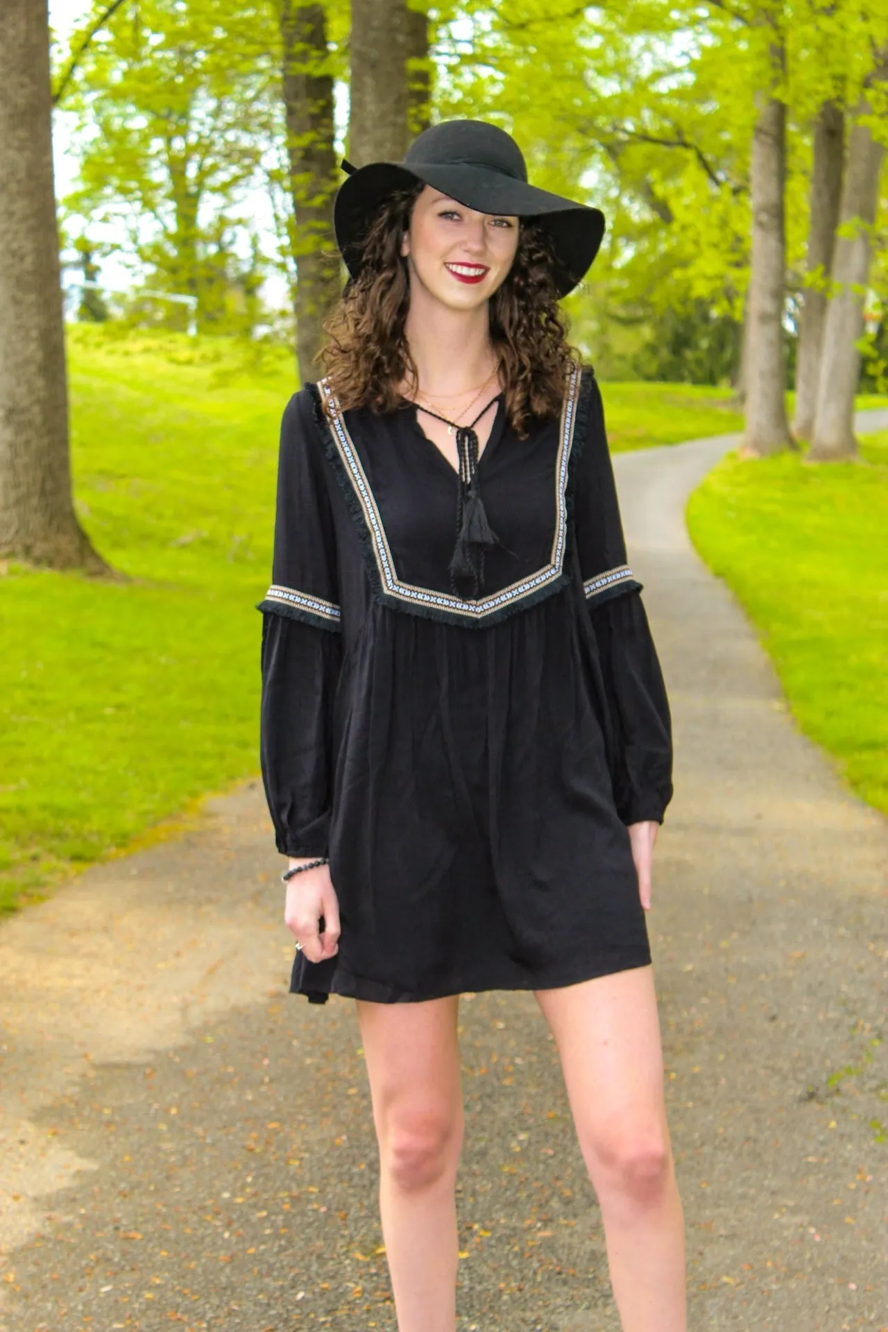 Tessa Embroidered Long Sleeve Black Dress