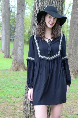 Tessa Embroidered Long Sleeve Black Dress