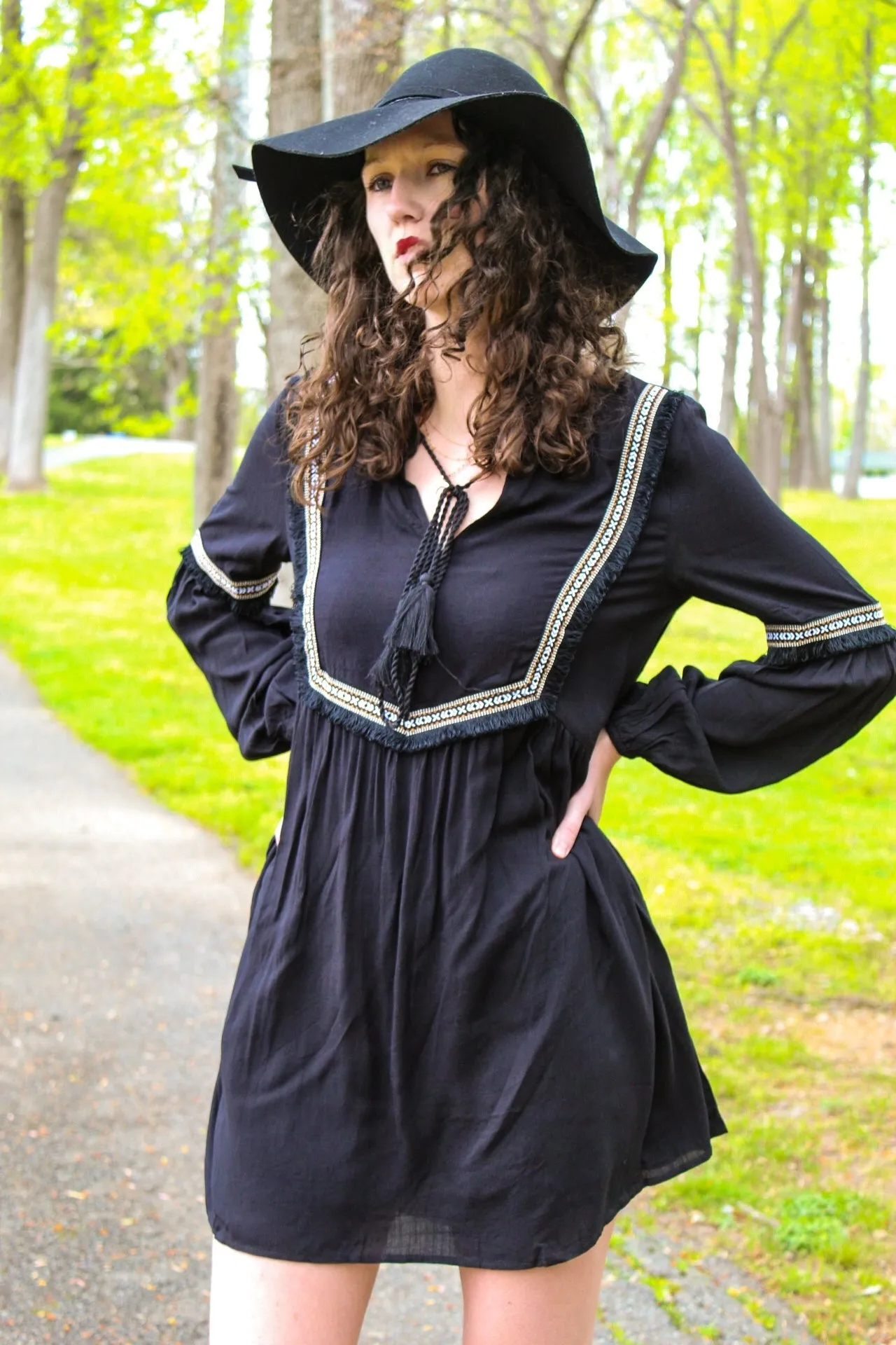Tessa Embroidered Long Sleeve Black Dress