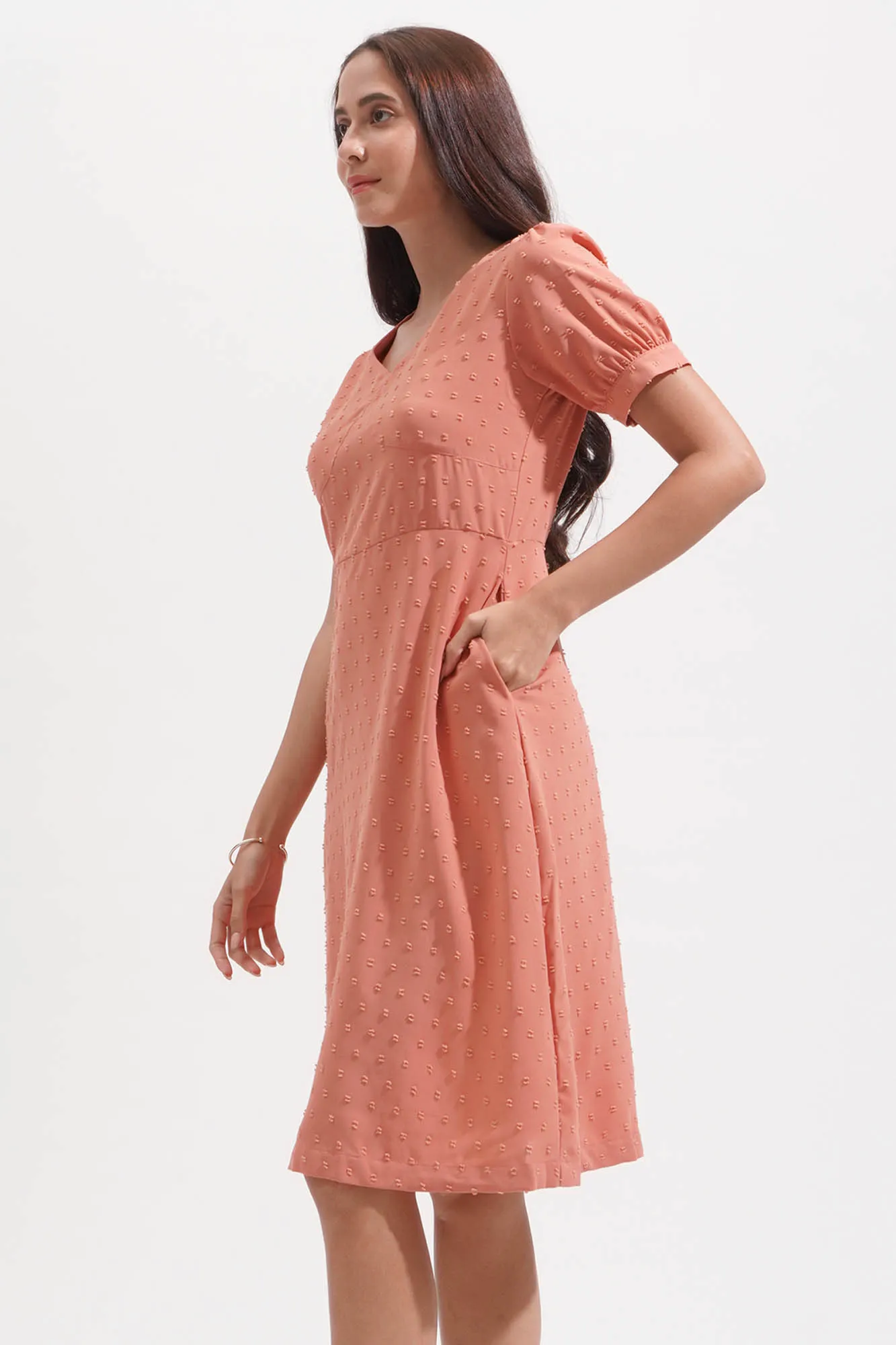 Textured Polka Dot V-Neck Shirred Waist Dress