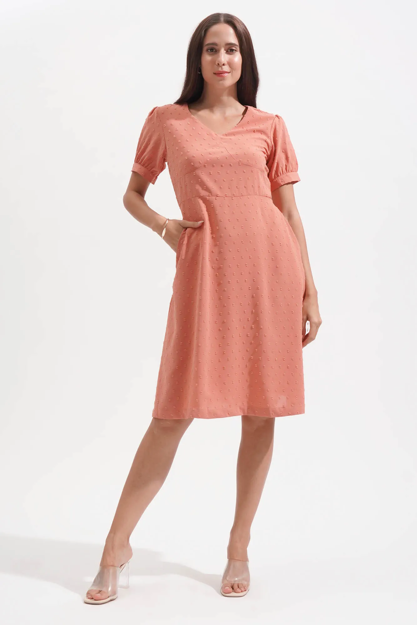 Textured Polka Dot V-Neck Shirred Waist Dress