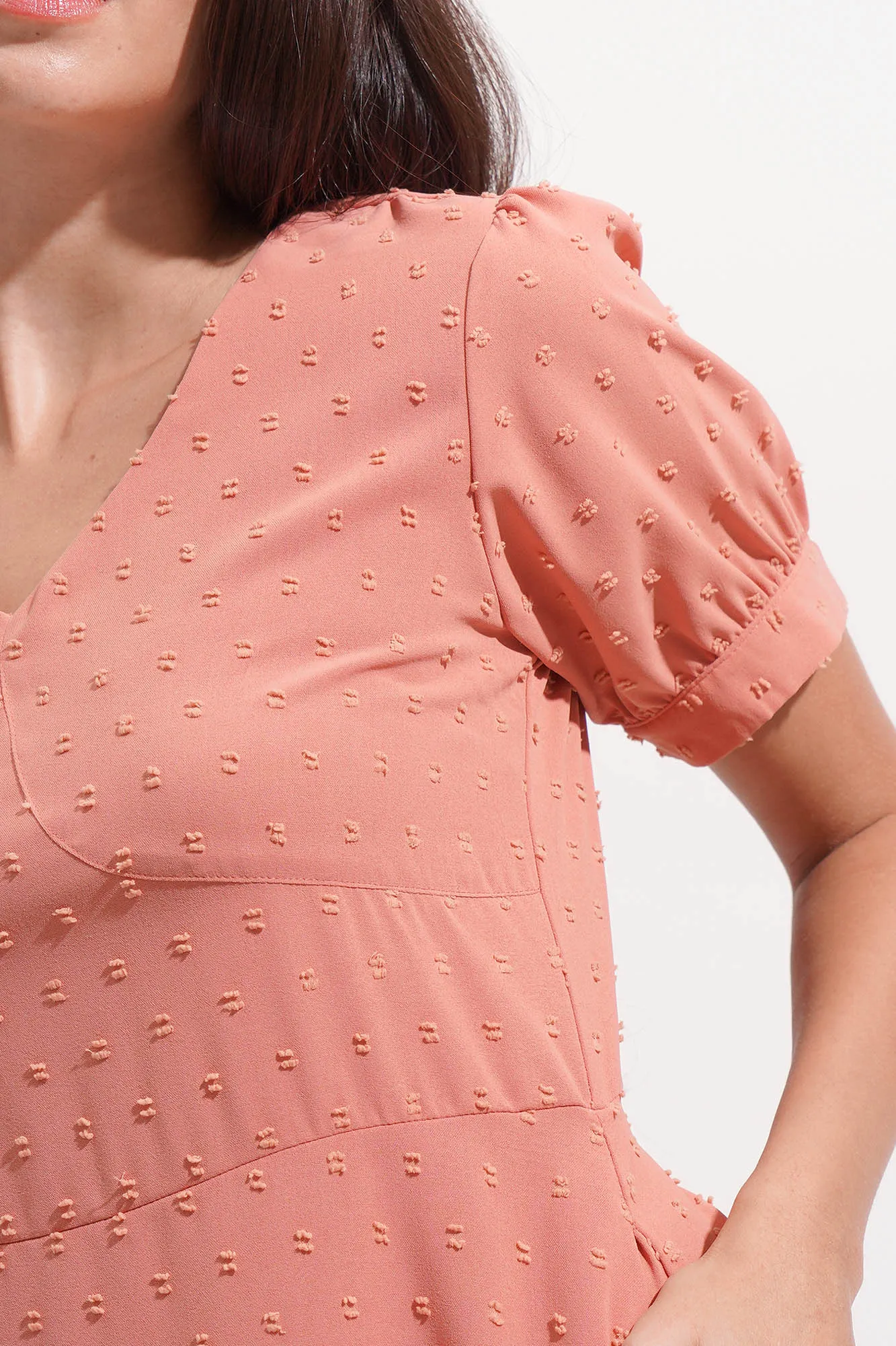 Textured Polka Dot V-Neck Shirred Waist Dress