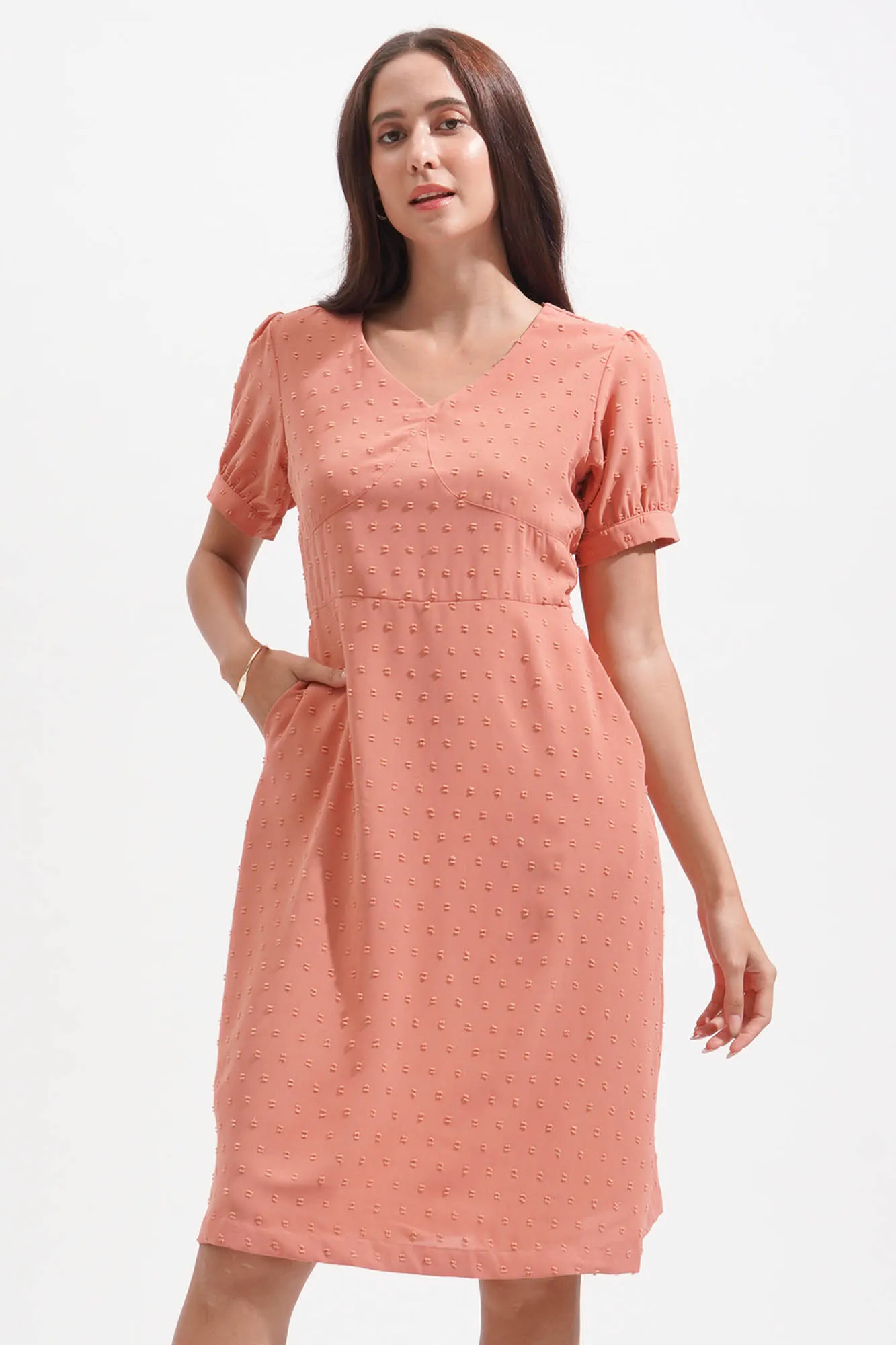 Textured Polka Dot V-Neck Shirred Waist Dress