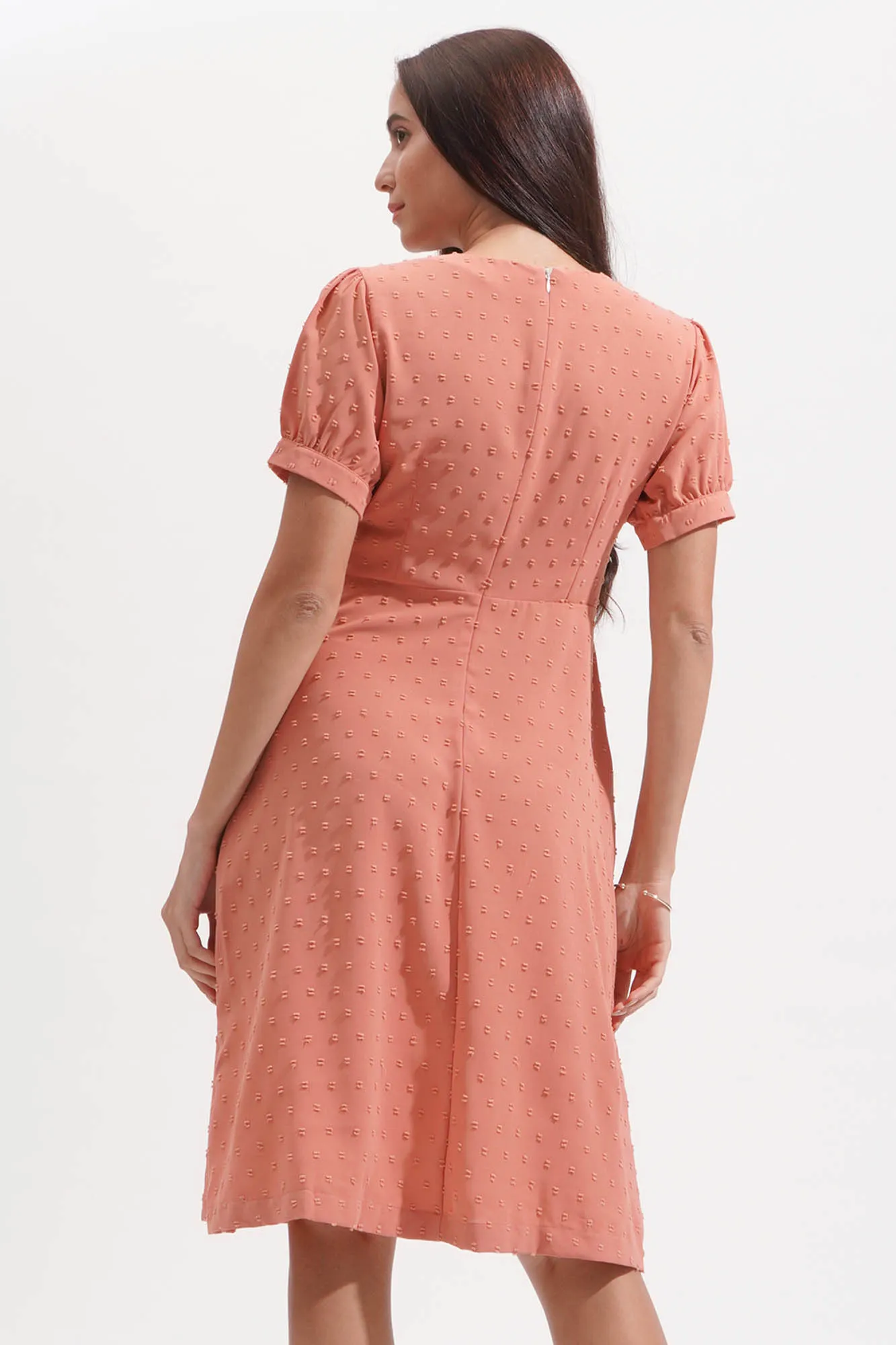 Textured Polka Dot V-Neck Shirred Waist Dress
