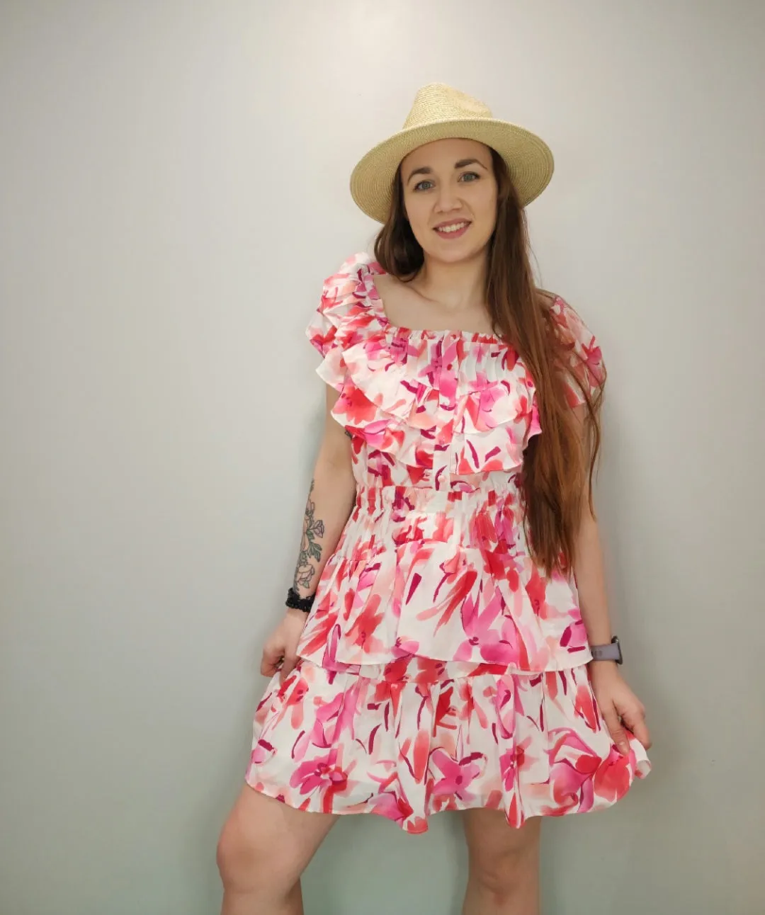 Tiered Ruffled Neckline Floral Dress