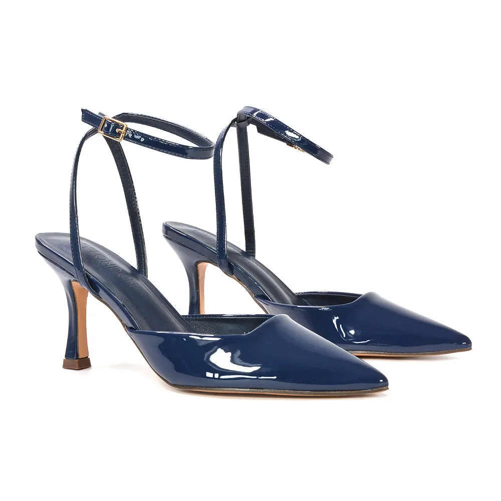 Tori  Point Toe High Heel Stiletto Court Shoes With Ankle Strap in Black Patent