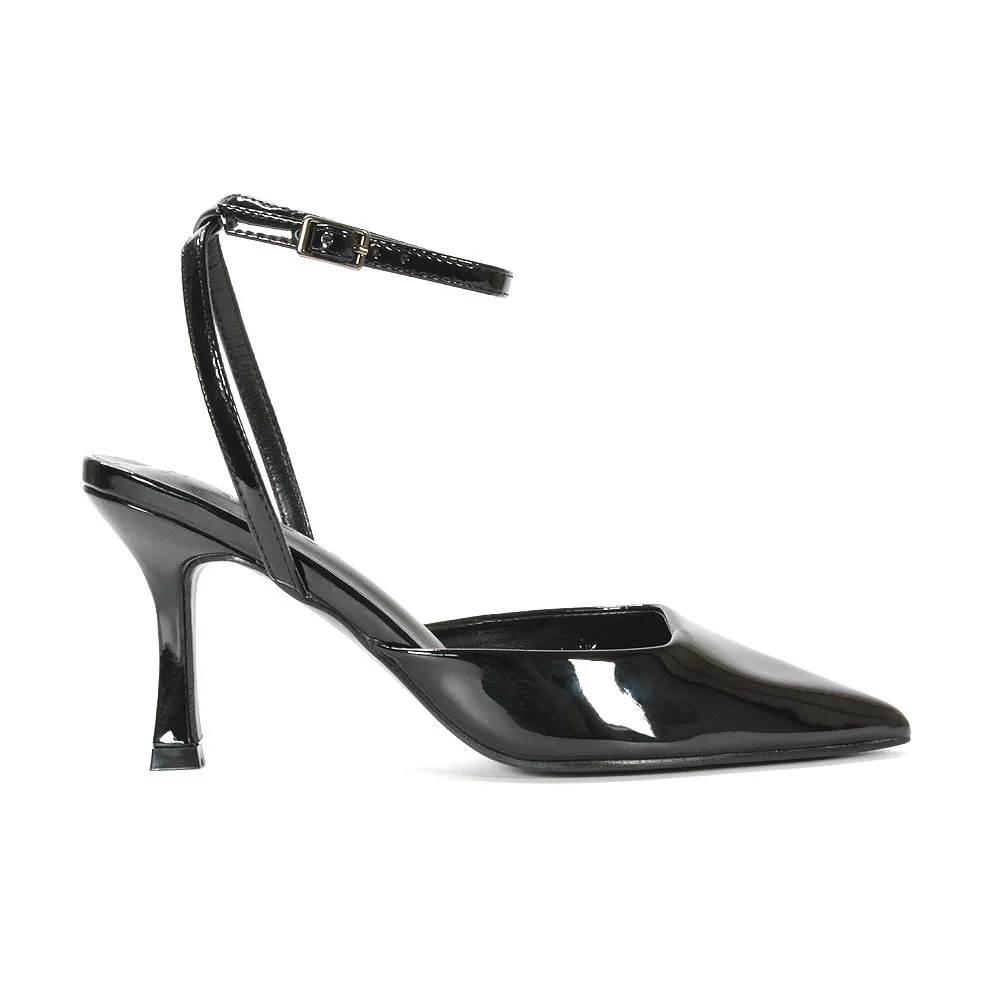 Tori  Point Toe High Heel Stiletto Court Shoes With Ankle Strap in Black Patent
