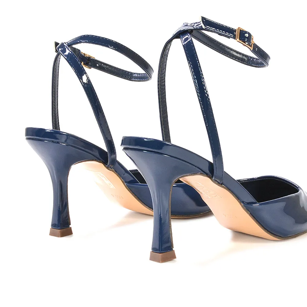 Tori  Point Toe High Heel Stiletto Court Shoes With Ankle Strap in Black Patent
