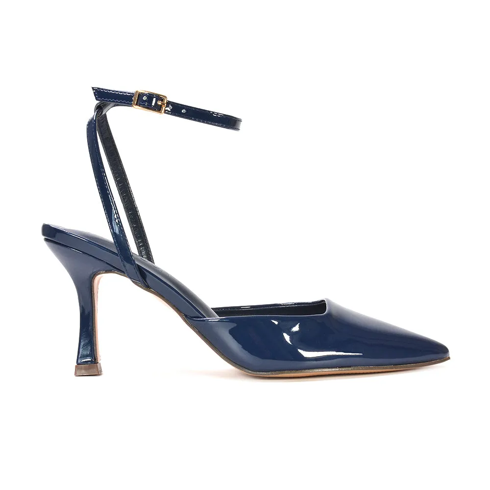 Tori  Point Toe High Heel Stiletto Court Shoes With Ankle Strap in Black Patent
