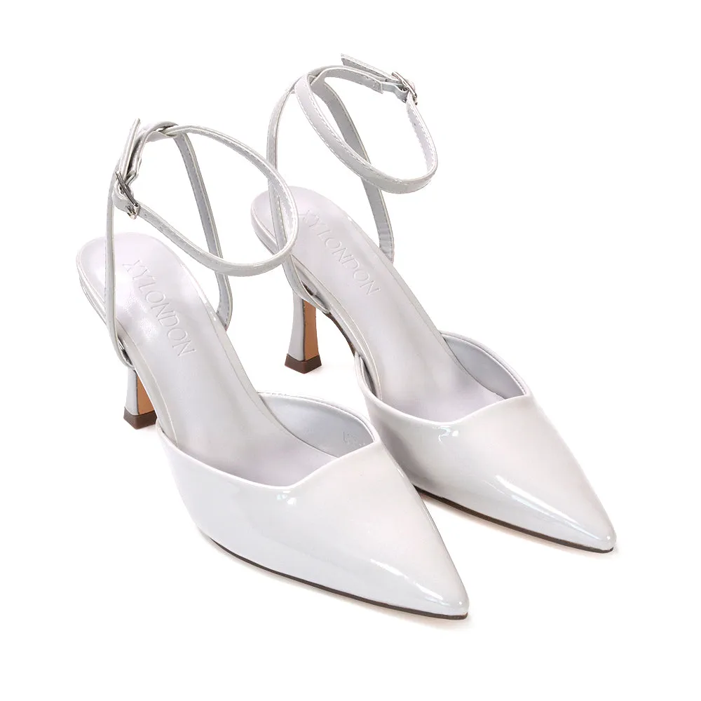 Tori  Point Toe High Heel Stiletto Court Shoes With Ankle Strap in Black Patent