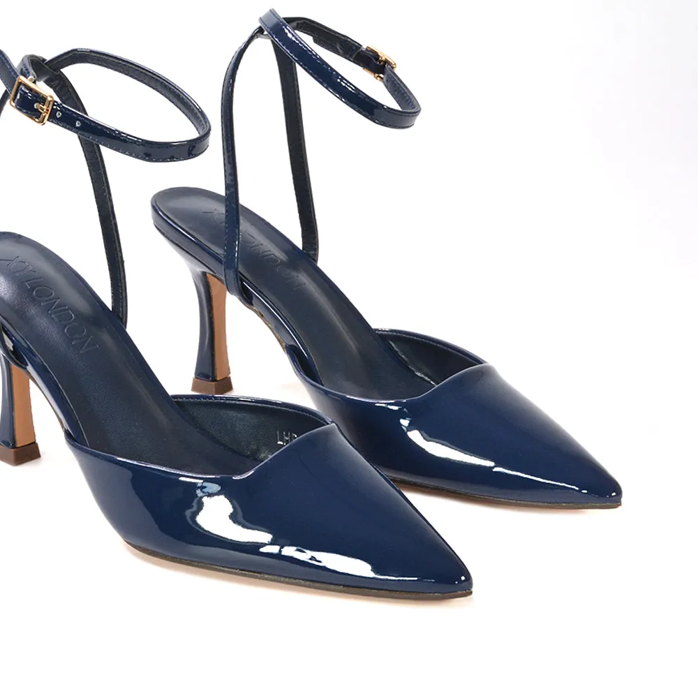 Tori  Point Toe High Heel Stiletto Court Shoes With Ankle Strap in Black Patent