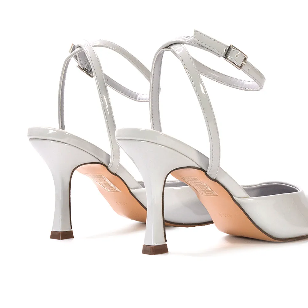 Tori  Point Toe High Heel Stiletto Court Shoes With Ankle Strap in Black Patent