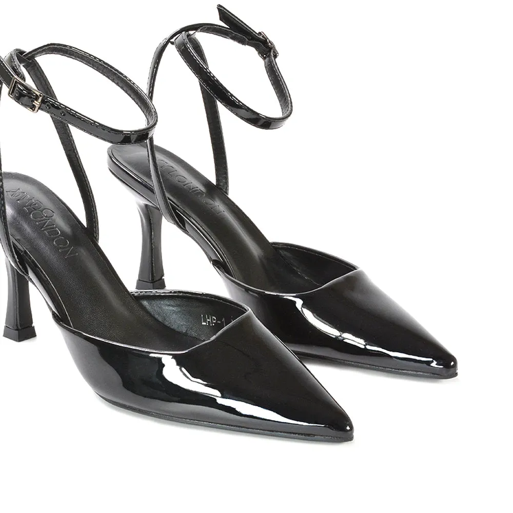 Tori  Point Toe High Heel Stiletto Court Shoes With Ankle Strap in Black Patent