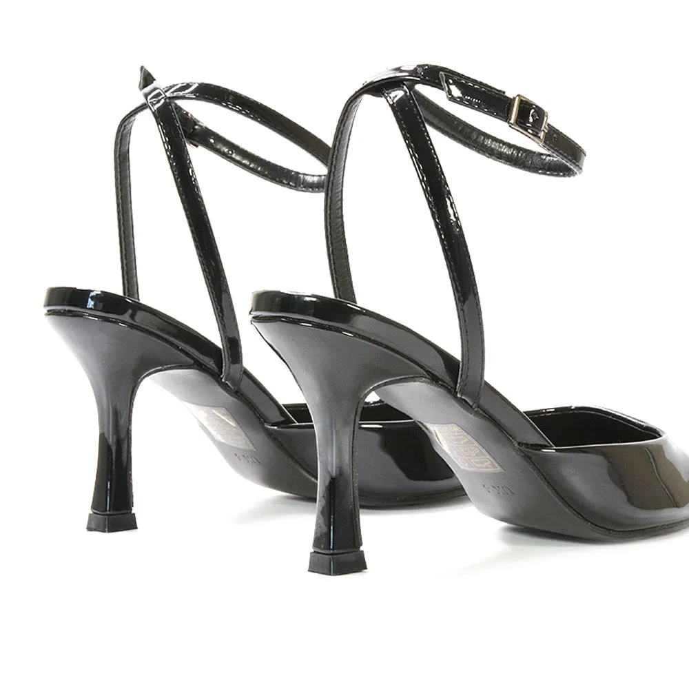 Tori  Point Toe High Heel Stiletto Court Shoes With Ankle Strap in Black Patent