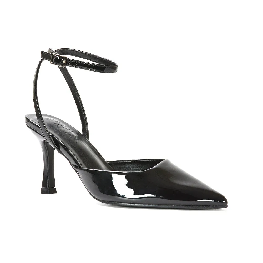 Tori  Point Toe High Heel Stiletto Court Shoes With Ankle Strap in Black Patent