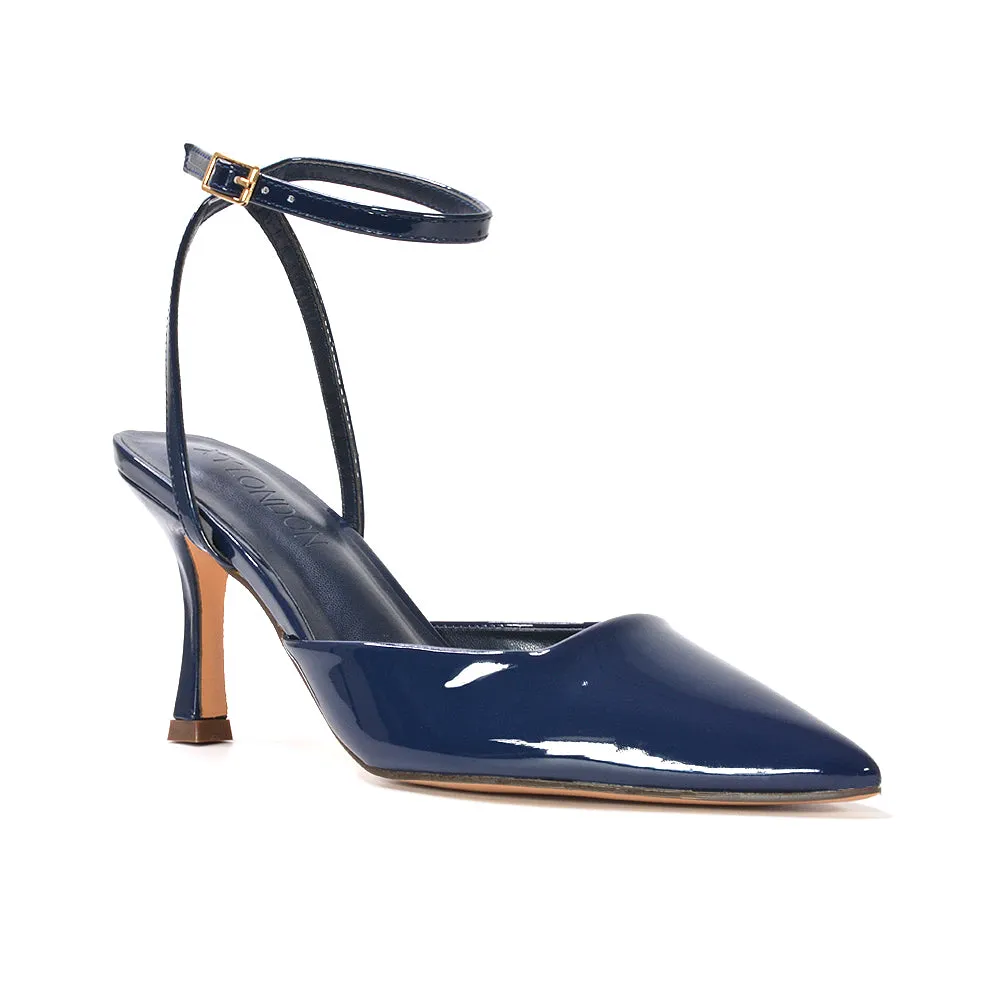 Tori  Point Toe High Heel Stiletto Court Shoes With Ankle Strap in Black Patent