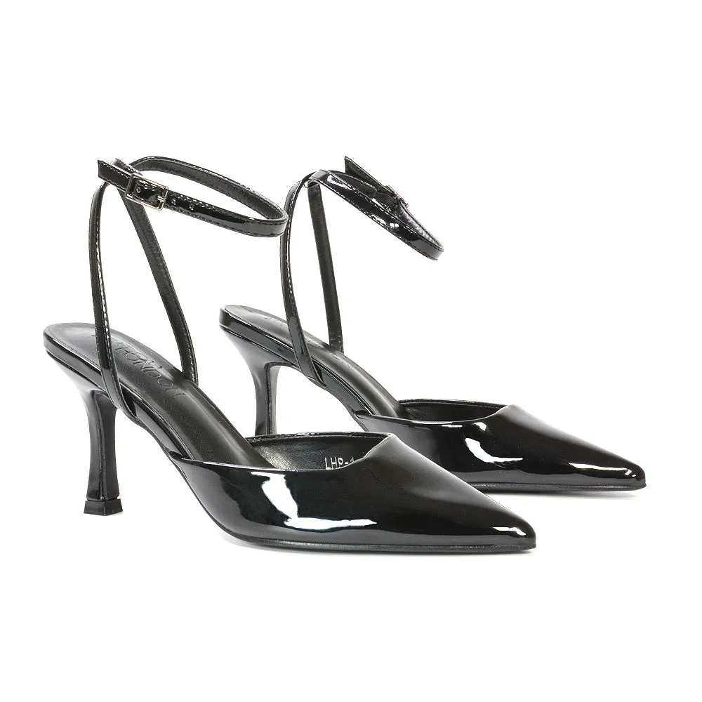 Tori  Point Toe High Heel Stiletto Court Shoes With Ankle Strap in Black Patent