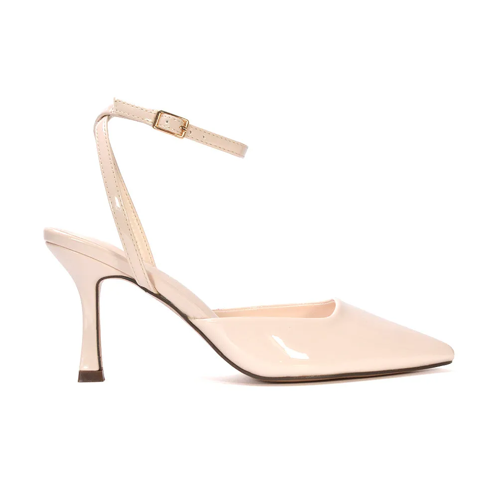 Tori  Point Toe High Heel Stiletto Court Shoes With Ankle Strap in Black Patent