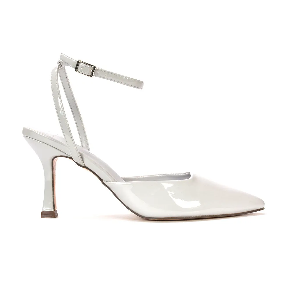 Tori  Point Toe High Heel Stiletto Court Shoes With Ankle Strap in Black Patent