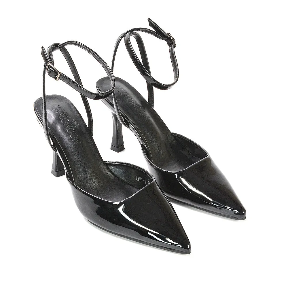 Tori  Point Toe High Heel Stiletto Court Shoes With Ankle Strap in Black Patent