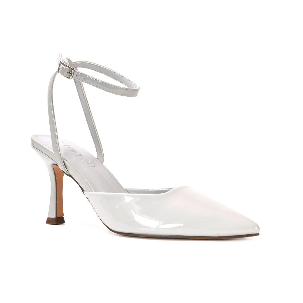 Tori  Point Toe High Heel Stiletto Court Shoes With Ankle Strap in Black Patent