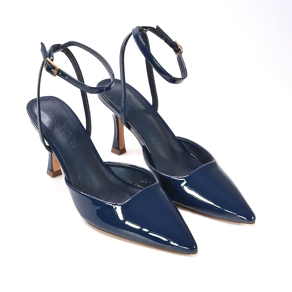 Tori  Point Toe High Heel Stiletto Court Shoes With Ankle Strap in Black Patent