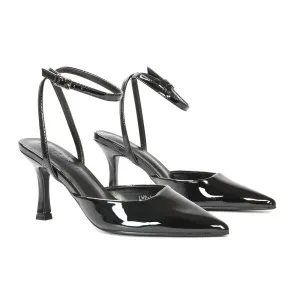 Tori  Point Toe High Heel Stiletto Court Shoes With Ankle Strap in Black Patent