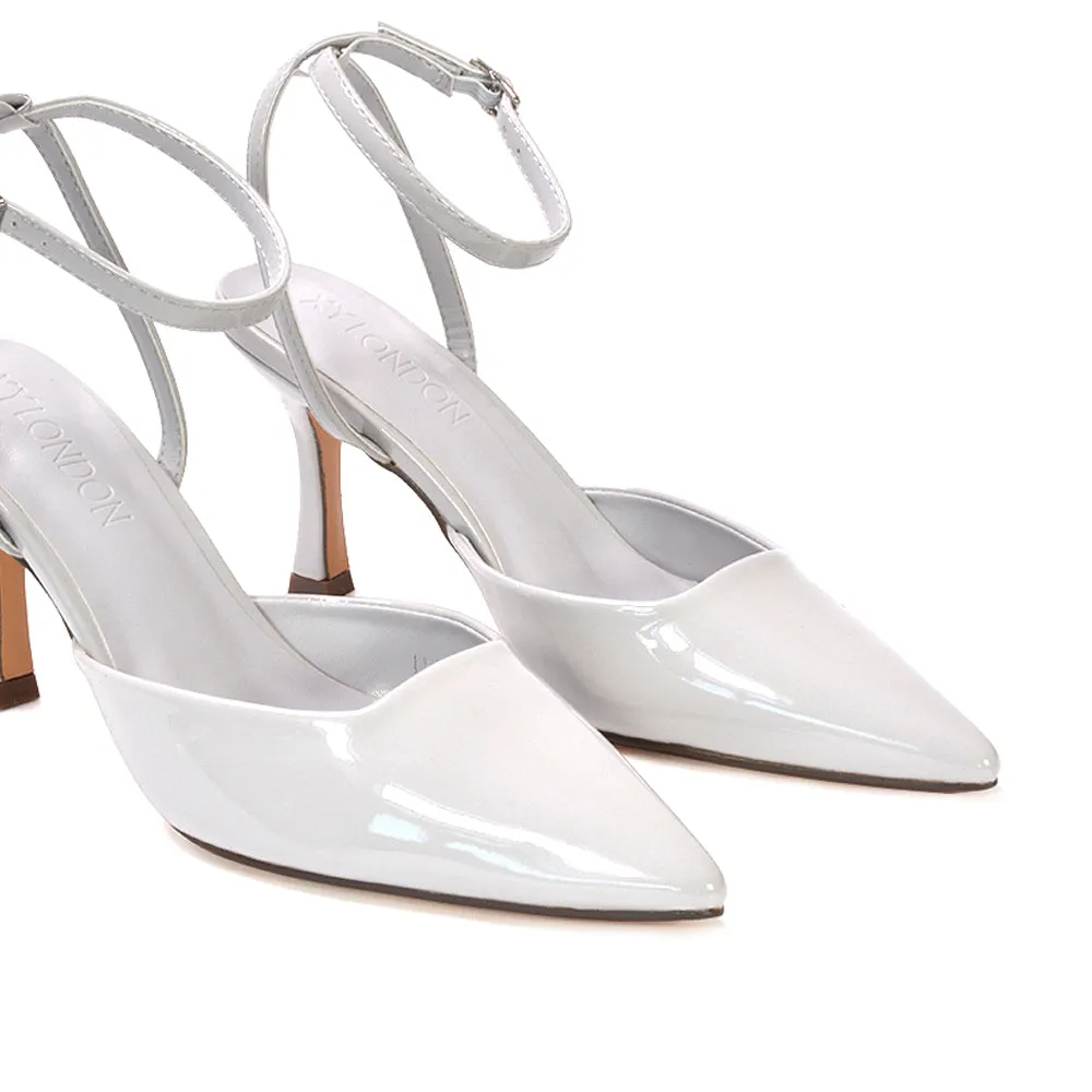 Tori  Point Toe High Heel Stiletto Court Shoes With Ankle Strap in Black Patent