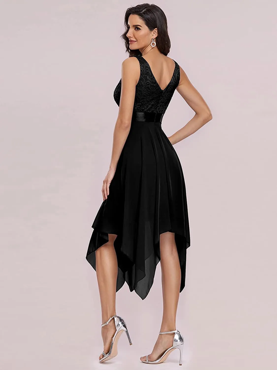 V-Neck A-Line Sleeveless Lace Chiffon Party Dress Fashion Cocktail Dress
