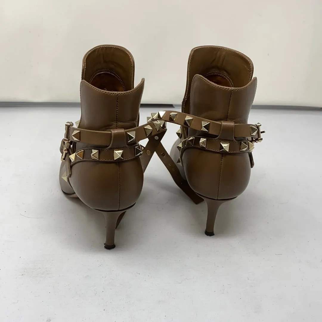 Valentino Light Brown Rockstud Kitten Heeled Bootie