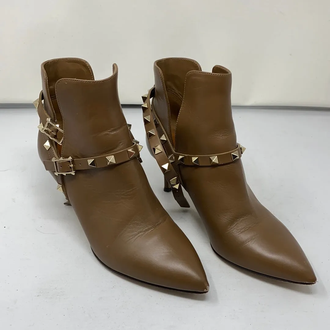 Valentino Light Brown Rockstud Kitten Heeled Bootie