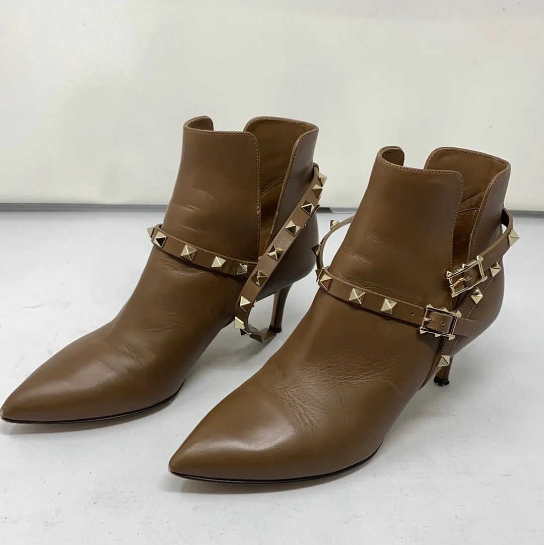 Valentino Light Brown Rockstud Kitten Heeled Bootie