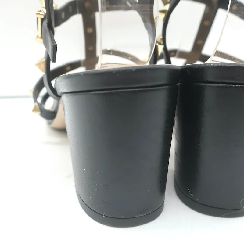 Valentino Rockstud Caged Sandals Black Leather Size 38.5 Ankle Strap Heels