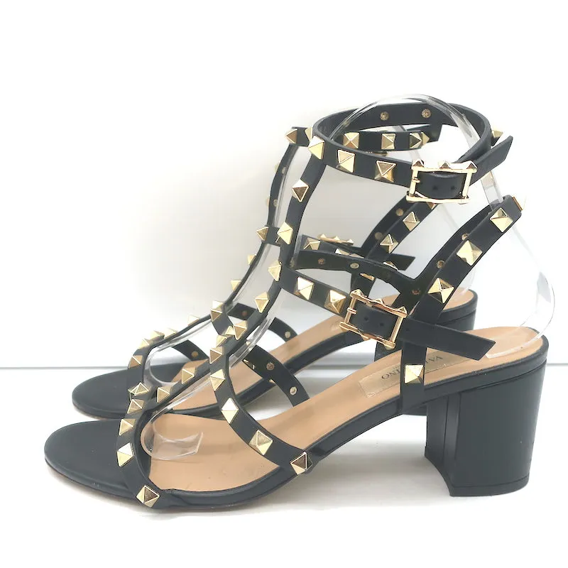 Valentino Rockstud Caged Sandals Black Leather Size 38.5 Ankle Strap Heels