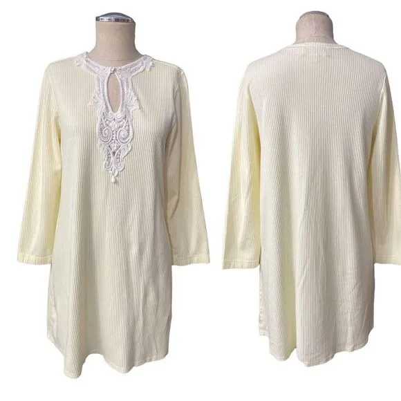 Verena Pale Yellow Ribbed Crochet Lace Keyhole Long Sleeve Short Nightgown Sz S
