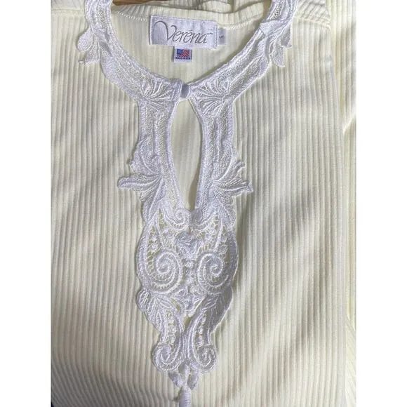Verena Pale Yellow Ribbed Crochet Lace Keyhole Long Sleeve Short Nightgown Sz S
