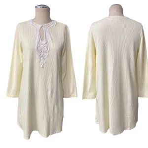 Verena Pale Yellow Ribbed Crochet Lace Keyhole Long Sleeve Short Nightgown Sz S