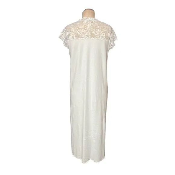 Verena Soft Blue Long Lace Trim V-Neck Short Sleeve Cotton Nightgown Size Small