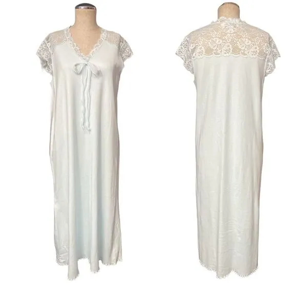 Verena Soft Blue Long Lace Trim V-Neck Short Sleeve Cotton Nightgown Size Small