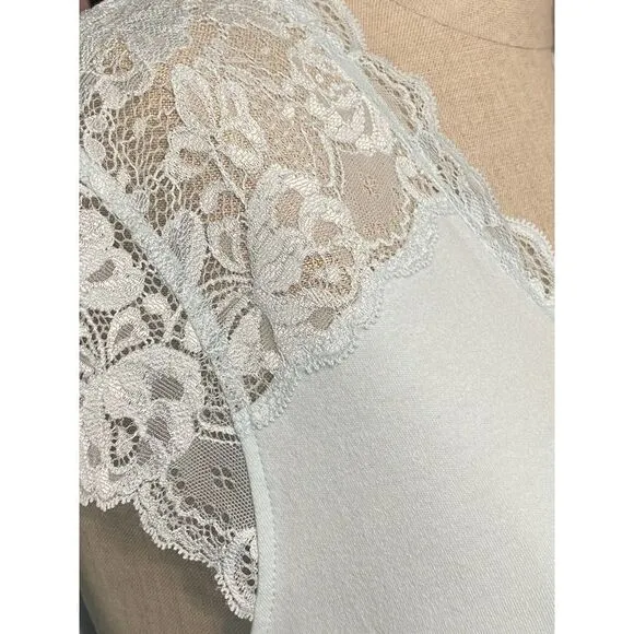 Verena Soft Blue Long Lace Trim V-Neck Short Sleeve Cotton Nightgown Size Small