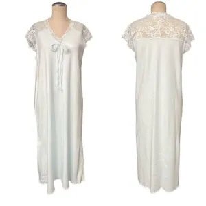 Verena Soft Blue Long Lace Trim V-Neck Short Sleeve Cotton Nightgown Size Small