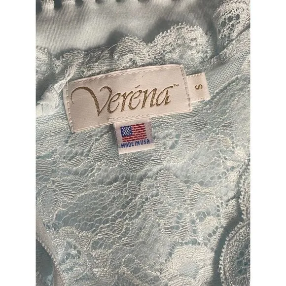 Verena Soft Blue Long Lace Trim V-Neck Short Sleeve Cotton Nightgown Size Small