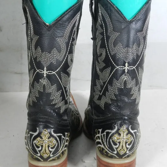 Veretta Western Cowboy Boots Black with Gold Lacing Kids Shoe Size 6.5